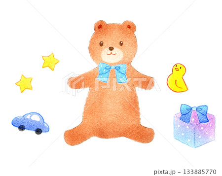 可愛いくまのぬいぐるみ 男の子 手描きイラスト 赤ちゃん 子供向け パステル 色鉛筆 水彩風 133885770