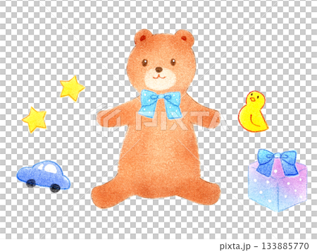 可愛いくまのぬいぐるみ 男の子 手描きイラスト 赤ちゃん 子供向け パステル 色鉛筆 水彩風 133885770