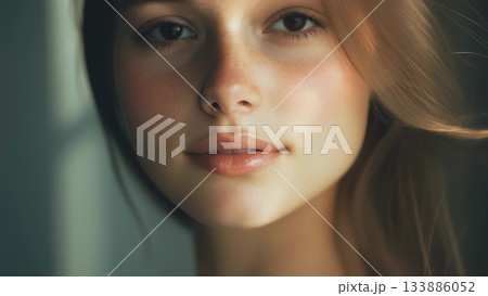 Young woman with freckles and long brown hair standing confidently, wearing casual outfit, gazing directly at camera and expressing natural, authentic beauty 133886052