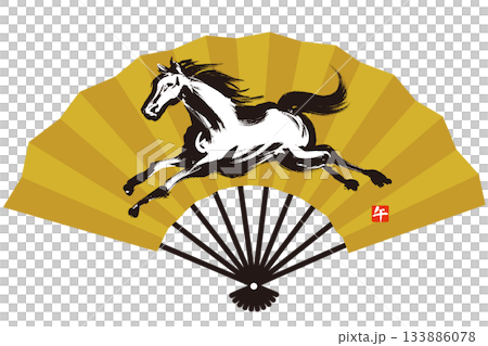 金色の扇に筆で描いたダイナミックに走る馬のモノクロイラスト 133886078