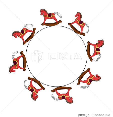 Round frame with vintage red horse toy. Victorian toy. 133886208