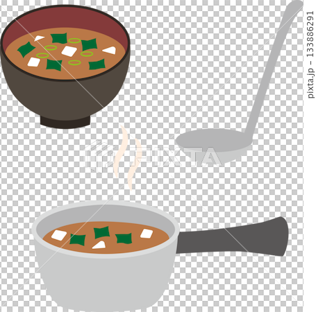 Home cooking miso soup and pot, bowl, ladle illustration material set Home cooking miso soup and pot, bowl, ladle illustration material set 133886291