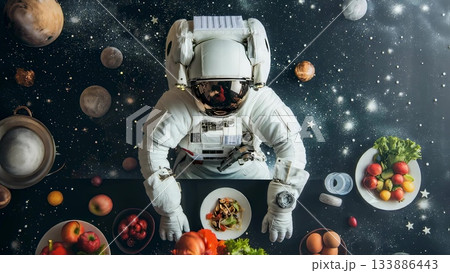 Astronaut eating nutrient rich vegetables within high tech spacecraft galley, depicting futuristic space meal preparation routine Astronaut eating nutrient rich vegetables within high tech spacecraft galley, depicting futuristic space meal preparation routine 133886443