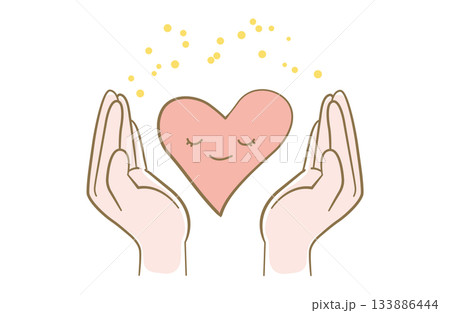両手でハートを包み込んでいるイメージのイラスト 線画ハート顔付き 両手でハートを包み込んでいるイメージのイラスト 線画ハート顔付き 133886444
