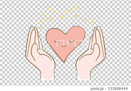 両手でハートを包み込んでいるイメージのイラスト 線画ハート顔付き 両手でハートを包み込んでいるイメージのイラスト 線画ハート顔付き 133886444