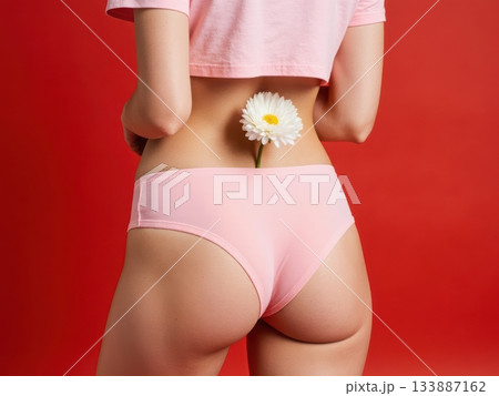 Periods of a beautiful girl, these days, red days, menstruation, hygiene, health care, women days, woman in menstrual panties female thrush 133887162