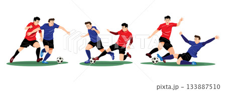 Set of two footballers tackle to win the ball back . Flat design cartoon character . Vector . Set of two footballers tackle to win the ball back . Flat design cartoon character . Vector . 133887510