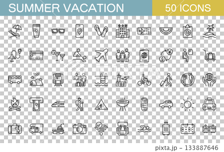 Summer vacation and travel line icon set Summer vacation and travel line icon set 133887646