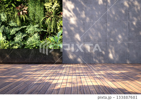 Modern loft style wooden deck with concrete panel wall and lush tropical vegetation 3D render 133887681