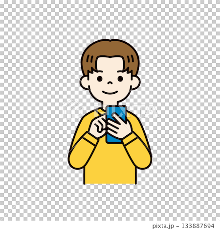 笑顔でスマートフォンを操作する、10代の若い男性の上半身ベクターイラスト素材＿カラー 133887694