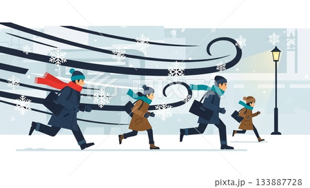 吹き荒れる雪の中を走る人々 133887728