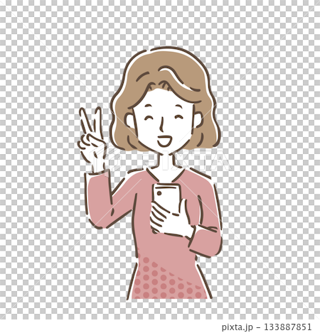 A happy young woman holding a smartphone and making a peace sign with a smile A happy young woman holding a smartphone and making a peace sign with a smile 133887851