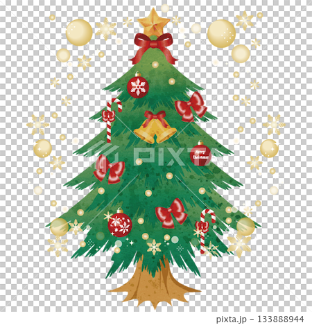 Gorgeous watercolor Christmas tree illustration with gold ornaments and snowflakes 133888944