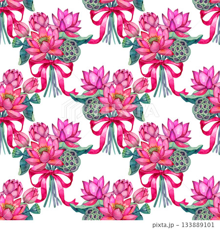 Watercolor seamless pattern with bright pink lotus flowers, green leaves and seed pods. Elegant repeating floral design inspired by Asian botanical motifs. Perfect for textiles, wrapping paper and Watercolor seamless pattern with bright pink lotus flowers, green leaves and seed pods. Elegant repeating floral design inspired by Asian botanical motifs. Perfect for textiles, wrapping paper and 133889101