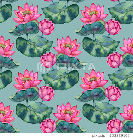 Watercolor seamless pattern featuring a bright pink lotus. Peaceful meditative artwork ideal for spa branding, mindfulness products, textiles, yoga accessories, and home decor. 133889103