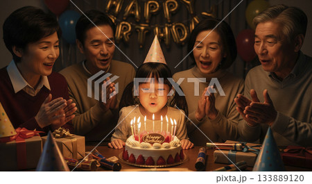 家族で娘の誕生日を祝う 133889120