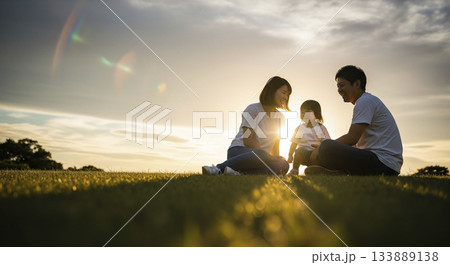 公園の芝生で家族で遊ぶシーン 133889138