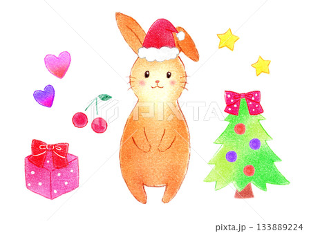 クリスマス 可愛いうさぎの手描きイラスト 女の子 リボン 赤ちゃん 子供向け パステル 色鉛筆 133889224