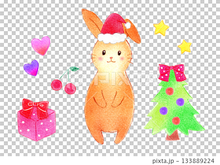 クリスマス 可愛いうさぎの手描きイラスト 女の子 リボン 赤ちゃん 子供向け パステル 色鉛筆 133889224