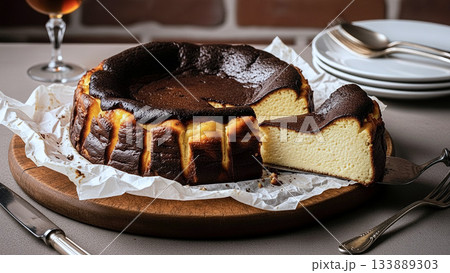 一般的なチーズケーキとは異なり、表面が真っ黒になるまで一気に焼き焦がされているバスクチーズケーキ 133889303