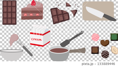Valentine's Day chocolate making illustration set (chocolate bar, cake, truffles, confectionery tools) 133889446