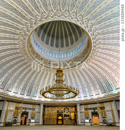 Jame Asr Hassanil Bolkiah Mosque interior with grand dome and golden chandelier, Bandar Seri Begawan, Brunei. 133889488