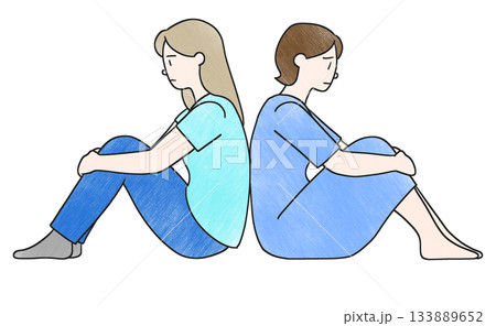 背中合わせで座る若い女性二人のイラスト 背中合わせで座る若い女性二人のイラスト 133889652