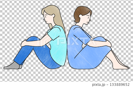 背中合わせで座る若い女性二人のイラスト 背中合わせで座る若い女性二人のイラスト 133889652
