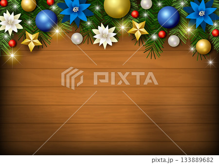 クリスマス背景、板、玉飾り、青、キラキラ、かわいい、イラスト、横 133889682