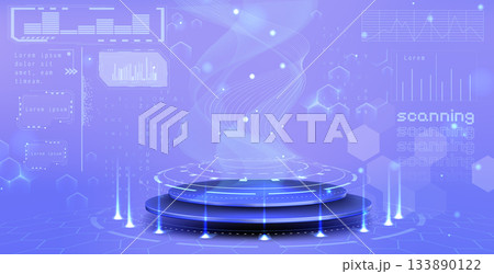 Hologram tech podium with neon light portal Hologram tech podium with neon light portal 133890122