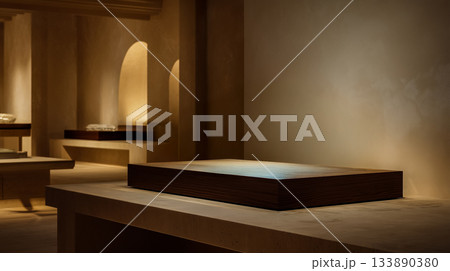 展示台に差し込む光と影、ミニマルな現代美術館 133890380