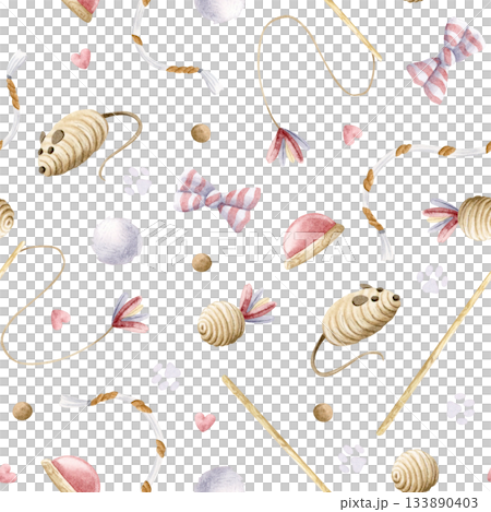 Watercolor cat toys seamless pattern on white with balls, pompom, mouse toys, rope, stick toy with feathers, buttons and bows. Cute repeat illustration in pastel beige and pink colors. Pet goods 133890403