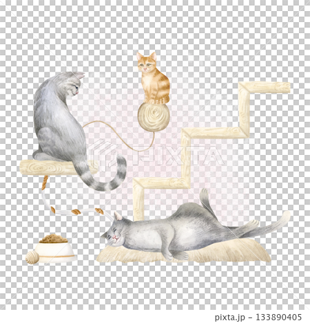 Cat room with furniture, food bowl and toys watercolor isolated illustration. Cute pets and kitten in animal friendly space clip art. Wooden stairs and cat bed for pet stores and rescue centers 133890405