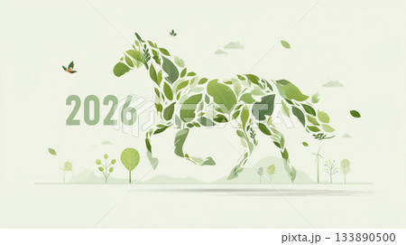 Green horse made of leaves with 2026 and eco symbols 133890500