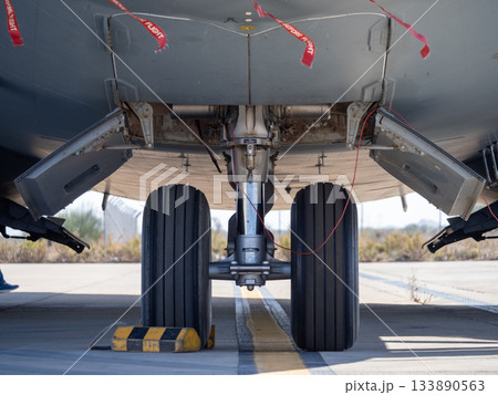 Aircraft nose landing gear with safety pins and open panels 133890563