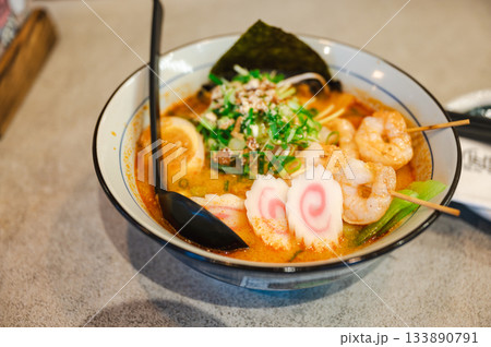 Japanese ramen soup with shrimps, egg, chives and sprout. High quality photo 133890791