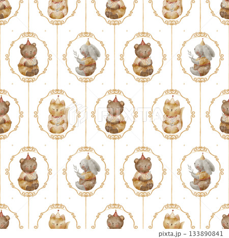 Pattern vintage animal frame, bear rabbit fox with bows ribbons. Watercolor illustration children's style. Print isolated from background, suitable for baby textiles clothing wallpaper packaging 133890841