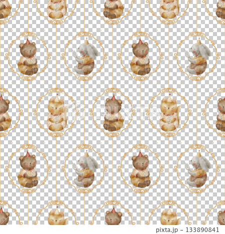 Pattern vintage animal frame, bear rabbit fox with bows ribbons. Watercolor illustration children's style. Print isolated from background, suitable for baby textiles clothing wallpaper packaging 133890841