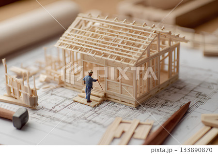 木造住宅模型と作業する人物の建設ジオラマ風3Dイラスト 133890870