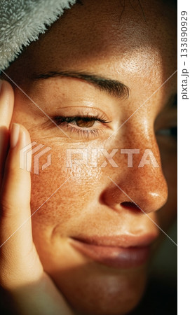 Woman's close up face with natural freckles and towel 133890929