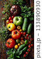 Fresh garden harvest displaying colorful heirloom tomatoes 133890930