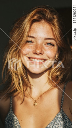 Freckled young woman smiling in soft sunlight 133890934