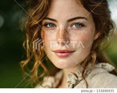Young woman with red hair and freckles expressing natural beauty 133890935