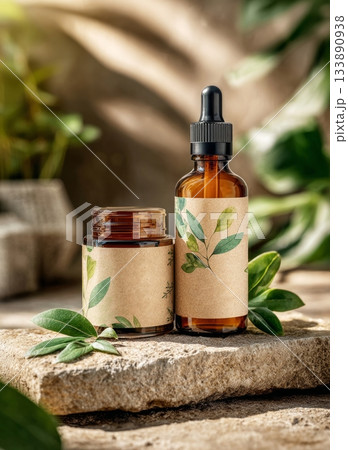 Skincare beauty products on stone with leaves 133890938