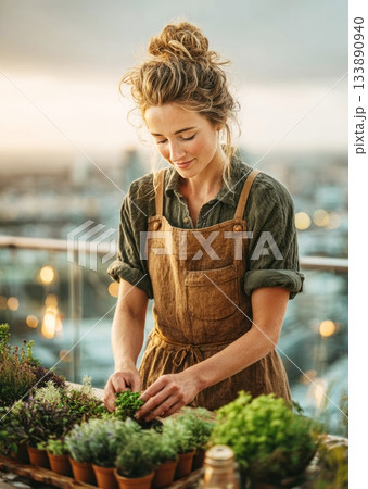 Woman gardening herbs on urban balcony at sunset 133890940