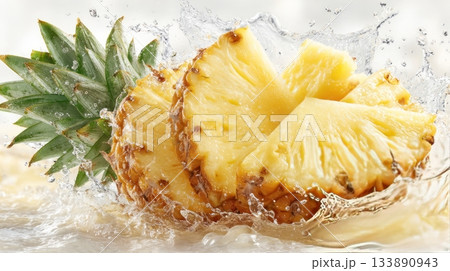 Sliced pineapple fruit splashing in fresh clear water 133890943