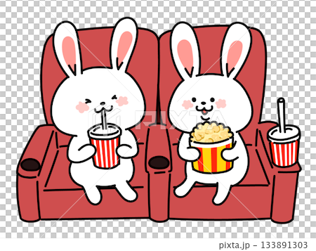 兩隻友善的兔子一邊吃爆米花一邊喝飲料，一起看電影的插圖。 133891303
