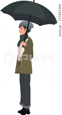 winter clothing man standing with umbrella side view winter clothing man standing with umbrella side view 133891364