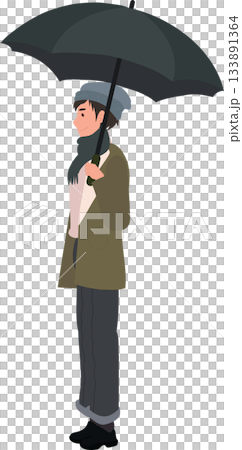 winter clothing man standing with umbrella side view winter clothing man standing with umbrella side view 133891364