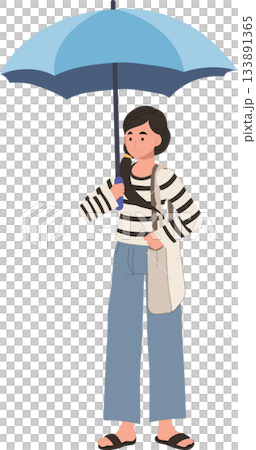 young woman with umbrella rainy day illustration casual outfit 133891365